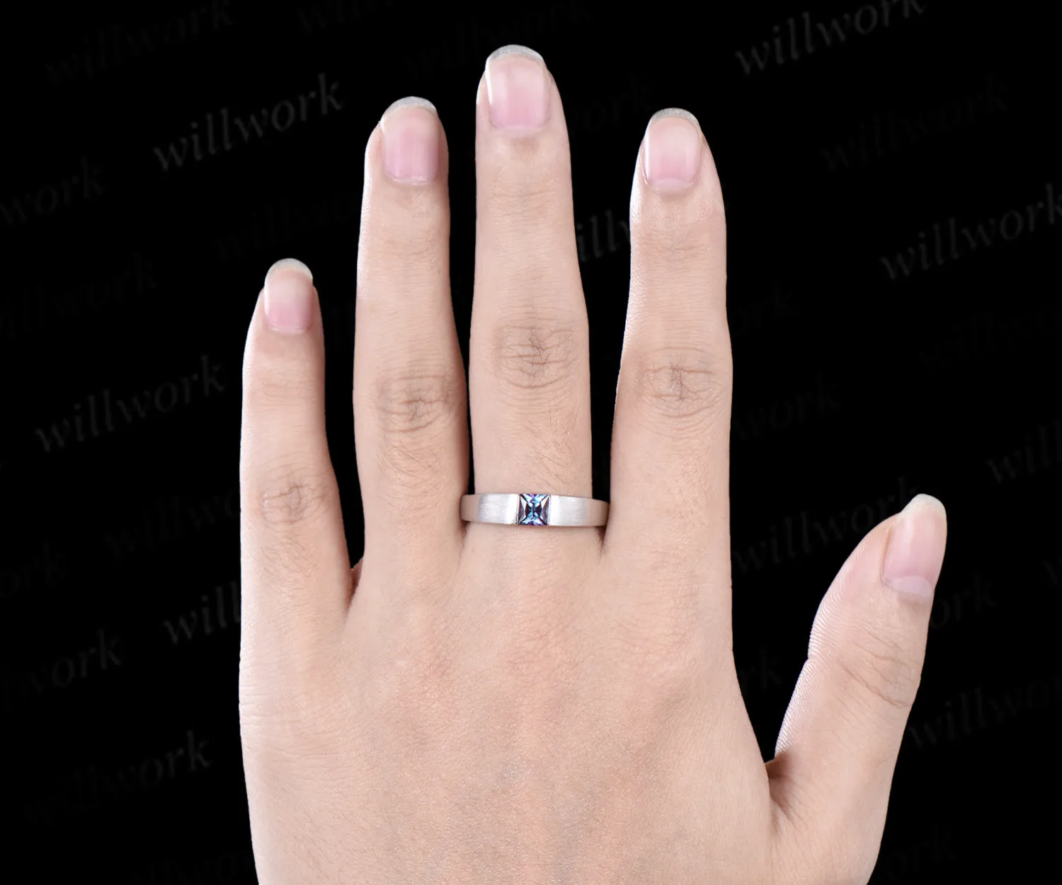 Princess cut color-change alexandrite mens wedding band solid 14k white gold brushed finished ring unique anniversary gifts for men sold by Willwork Jewelry product image thumbnail 3