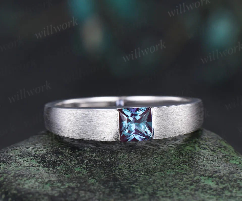 Princess cut color-change alexandrite mens wedding band solid 14k white gold brushed finished ring unique anniversary gifts for men sold by Willwork Jewelry