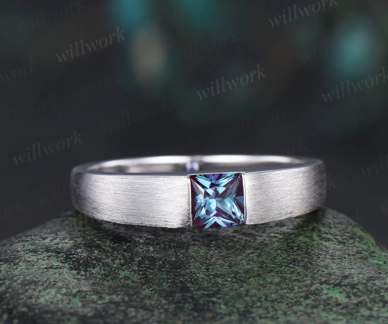 Princess cut color-change alexandrite mens wedding band solid 14k white gold brushed finished ring unique anniversary gifts for men sold by Willwork Jewelry