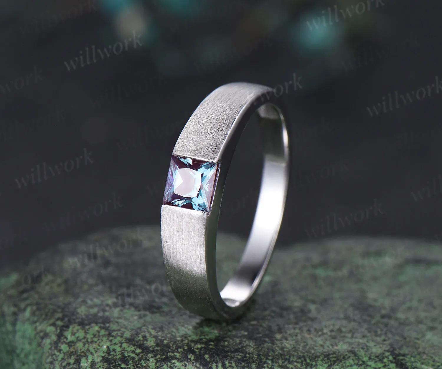 Princess cut color-change alexandrite mens wedding band solid 14k white gold brushed finished ring unique anniversary gifts for men sold by Willwork Jewelry product image thumbnail 2
