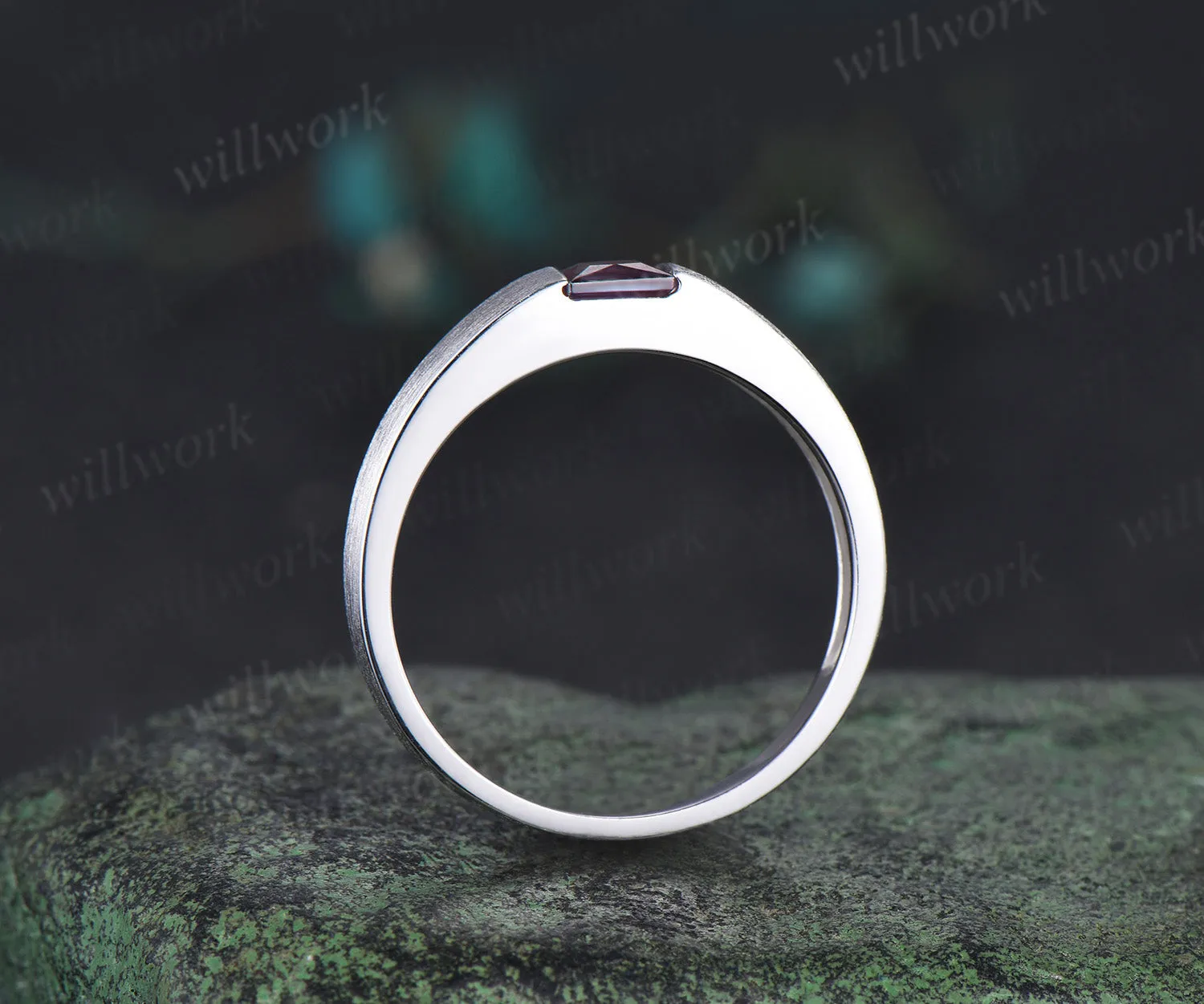 Princess cut color-change alexandrite mens wedding band solid 14k white gold brushed finished ring unique anniversary gifts for men sold by Willwork Jewelry product image thumbnail 5