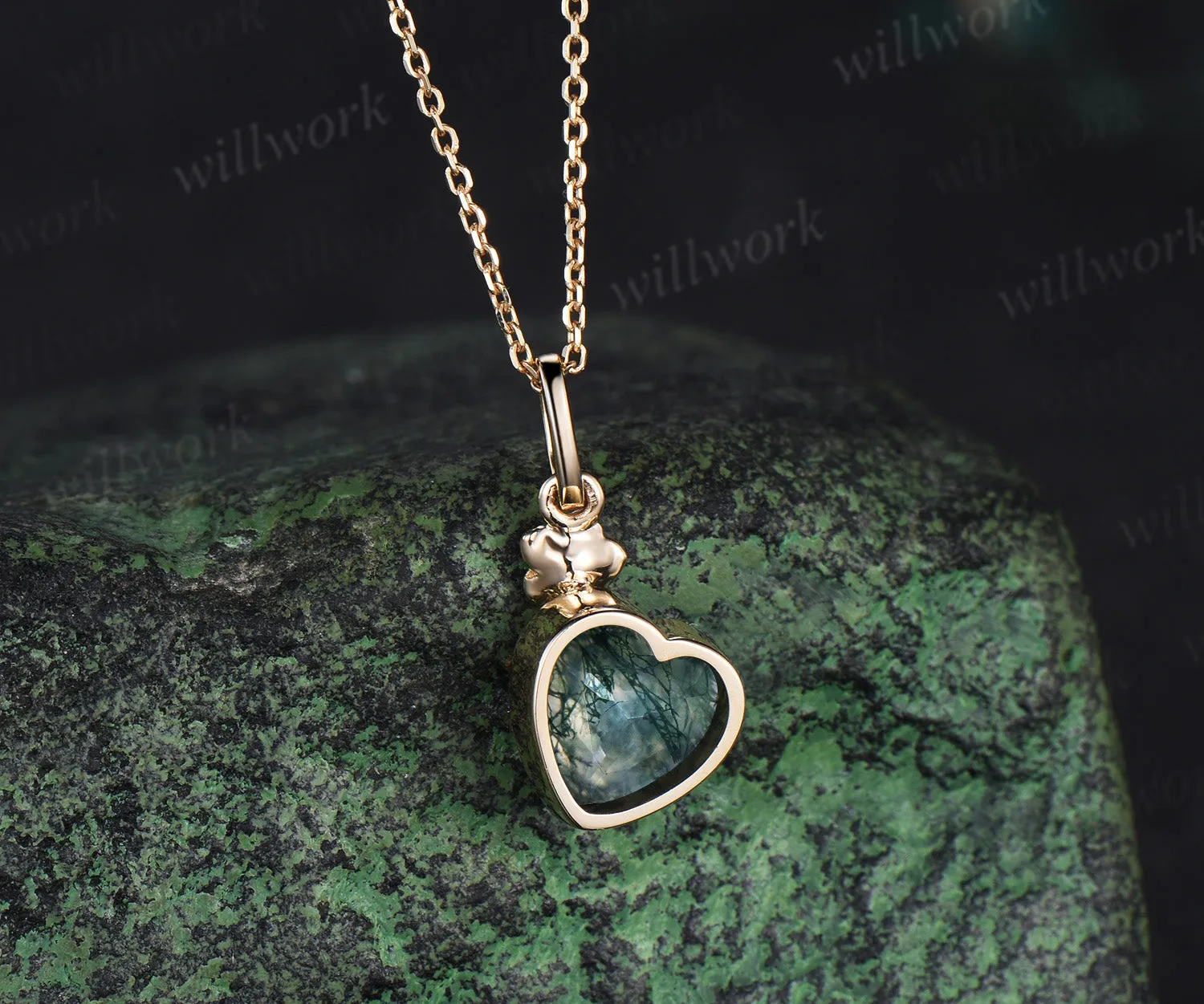 Heart shaped moss agate necklace unique rose flower twig moss agate pendant nature inspired necklace bridal jewelry gifts sold by Willwork Jewelry product image thumbnail 3