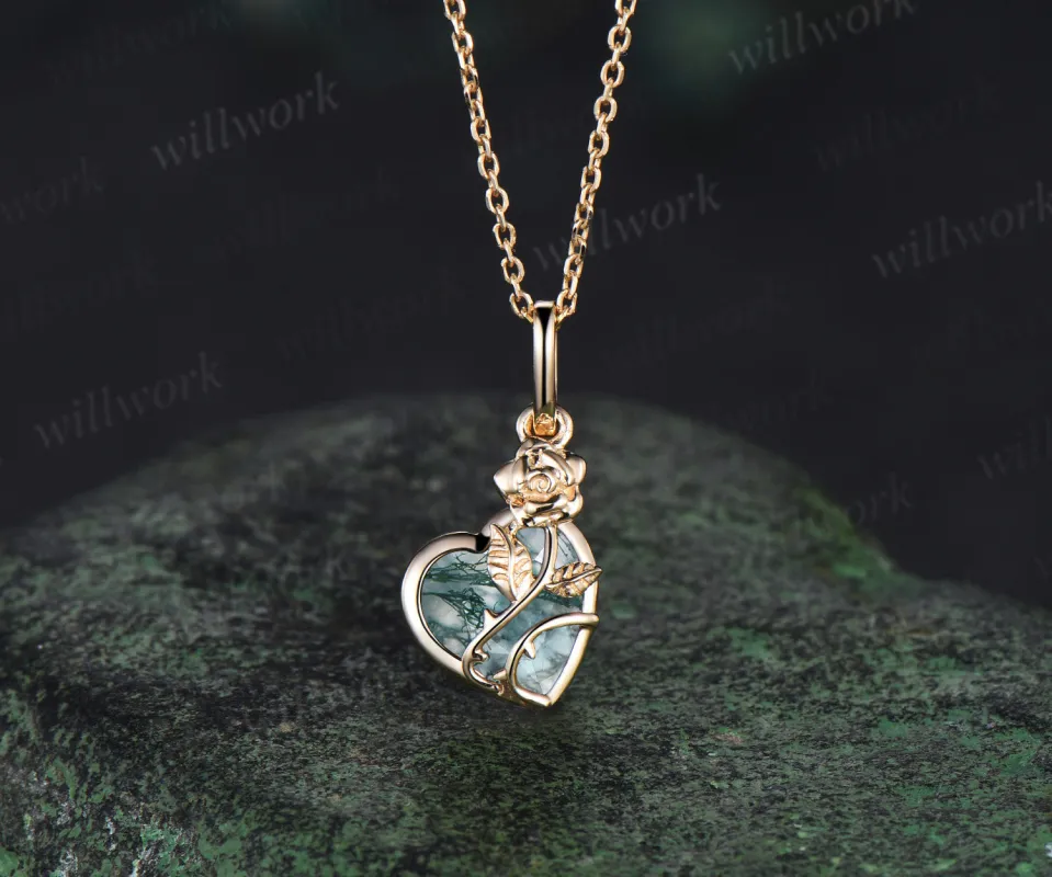Heart shaped moss agate necklace unique rose flower twig moss agate pendant nature inspired necklace bridal jewelry gifts sold by Willwork Jewelry