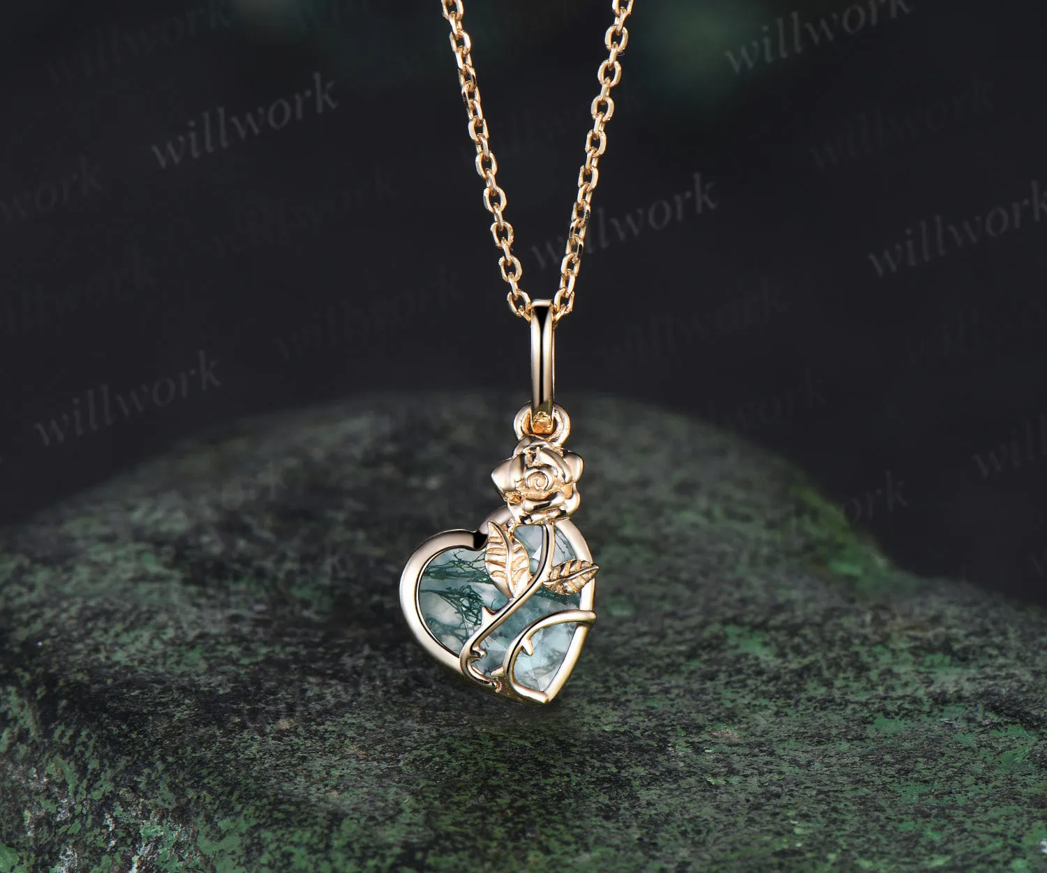 Heart shaped moss agate necklace unique rose flower twig moss agate pendant nature inspired necklace bridal jewelry gifts sold by Willwork Jewelry