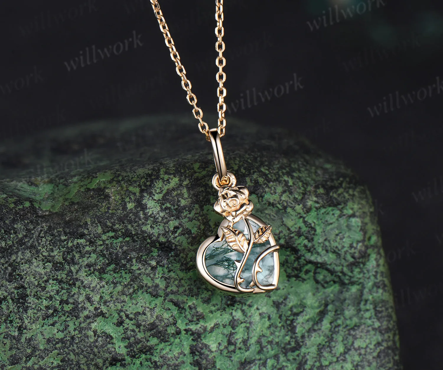 Heart shaped moss agate necklace unique rose flower twig moss agate pendant nature inspired necklace bridal jewelry gifts sold by Willwork Jewelry product image thumbnail 2