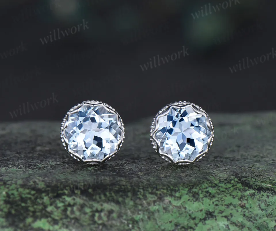 Vintage aquamarine stud earrings sterling silver 10k/14k/18k white gold milgrain crown setting earrings March birthstone gifts made by Willwork Jewelry