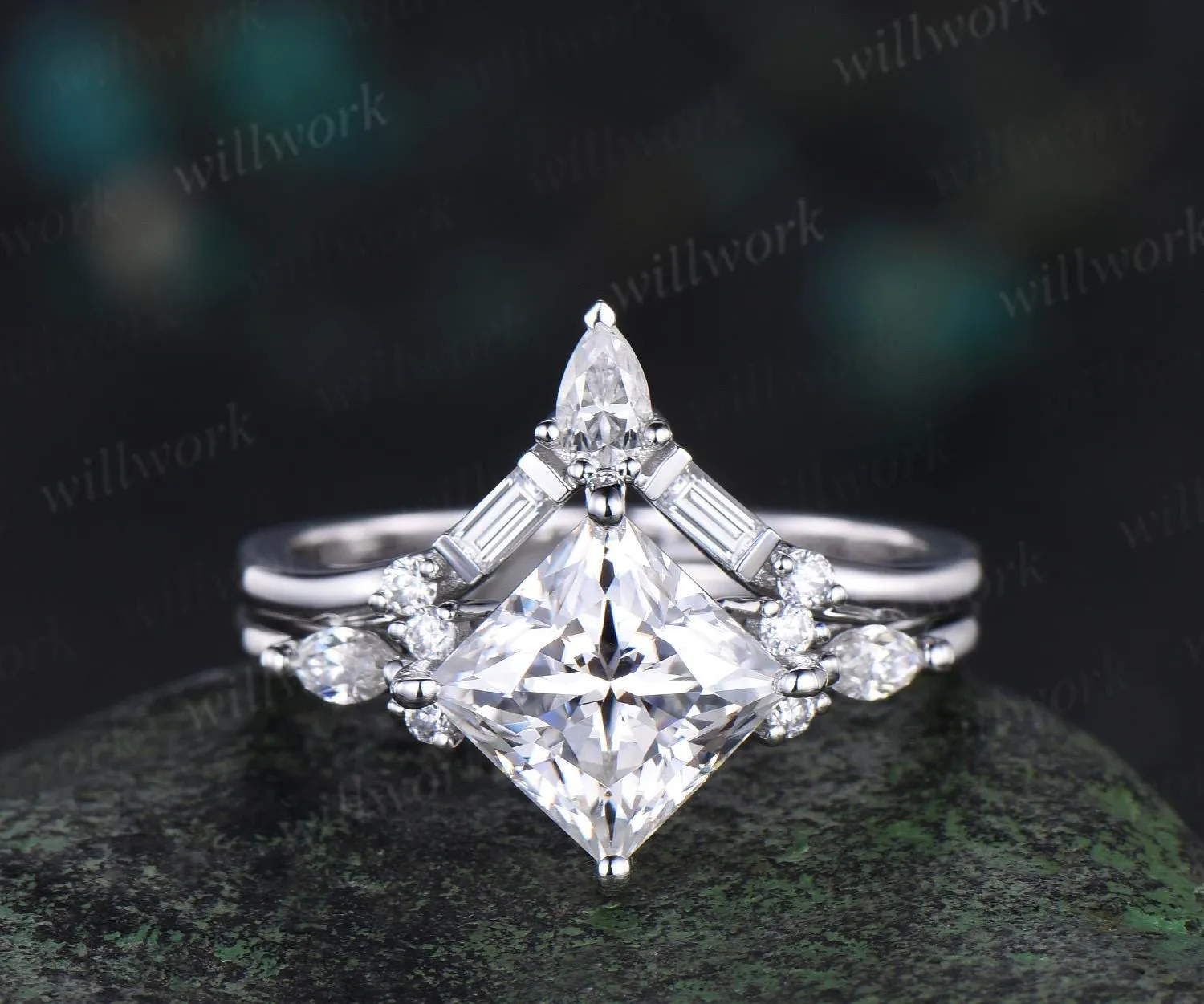 2ct princess cut moissanite engagement ring set vintage stacking baguette cut diamond wedding promise ring women sold by Willwork Jewelry product image thumbnail 5
