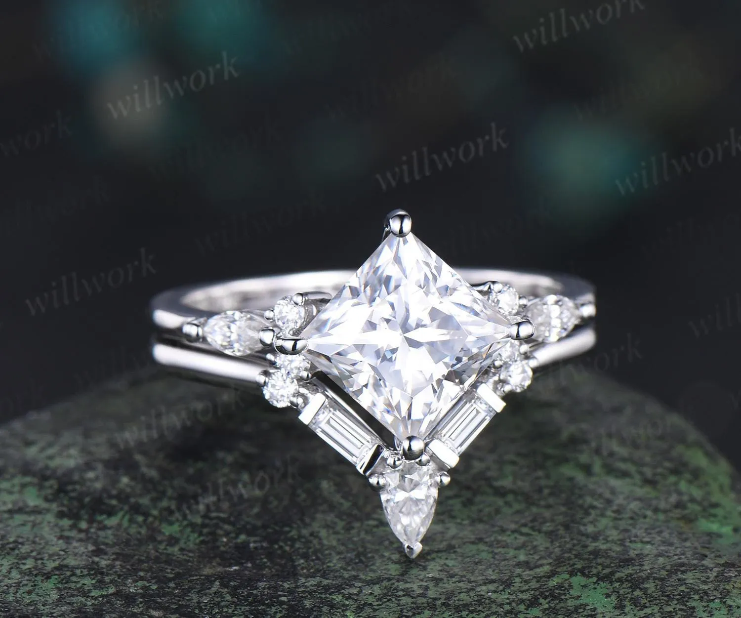 2ct princess cut moissanite engagement ring set vintage stacking baguette cut diamond wedding promise ring women sold by Willwork Jewelry product image thumbnail 2