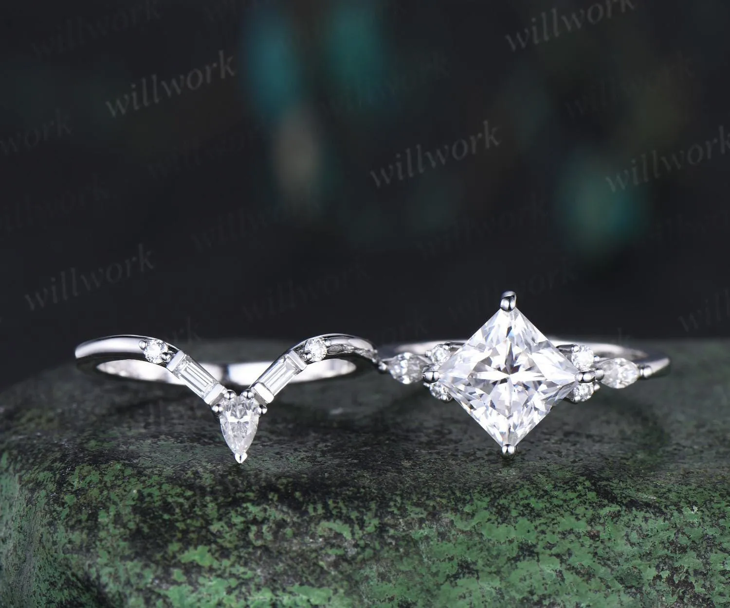 2ct princess cut moissanite engagement ring set vintage stacking baguette cut diamond wedding promise ring women sold by Willwork Jewelry product image thumbnail 3