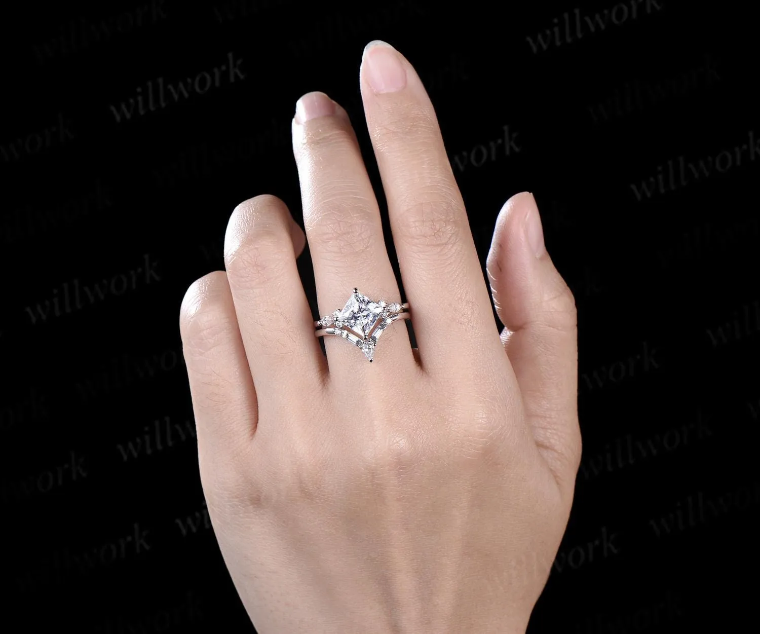 2ct princess cut moissanite engagement ring set vintage stacking baguette cut diamond wedding promise ring women sold by Willwork Jewelry product image thumbnail 4