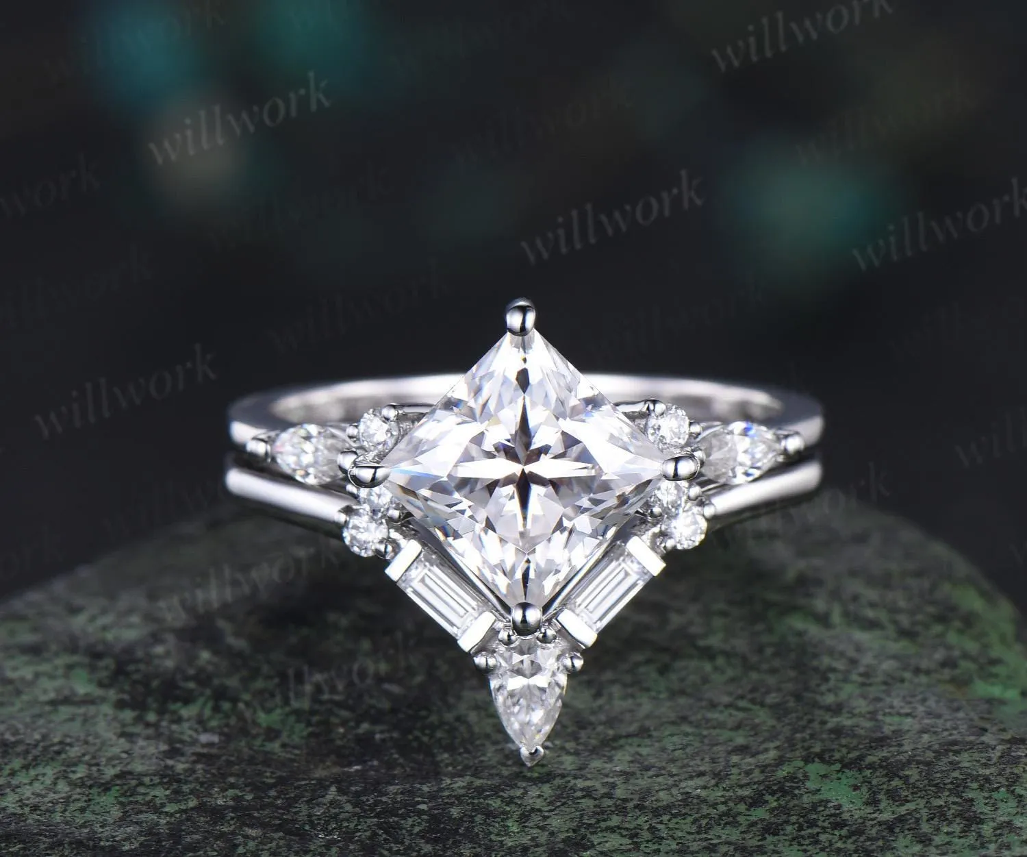 2ct princess cut moissanite engagement ring set vintage stacking baguette cut diamond wedding promise ring women sold by Willwork Jewelry