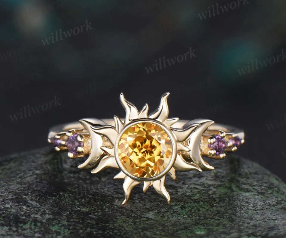 Vintage round cut citrine sun bezel engagement ring solid 14k yellow gold five stone amethyst moon unique bridal ring women made by Willwork Jewelry