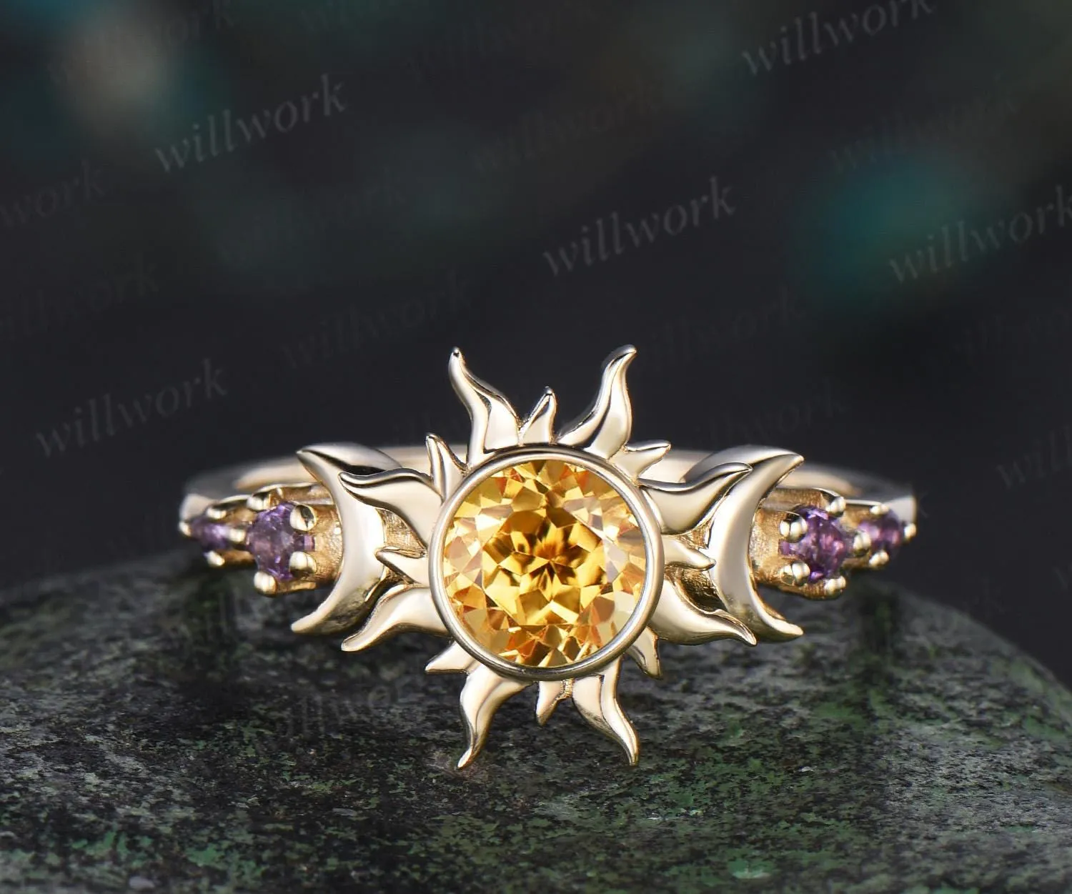 Vintage round cut citrine sun bezel engagement ring solid 14k yellow gold five stone amethyst moon unique bridal ring women sold by Willwork Jewelry