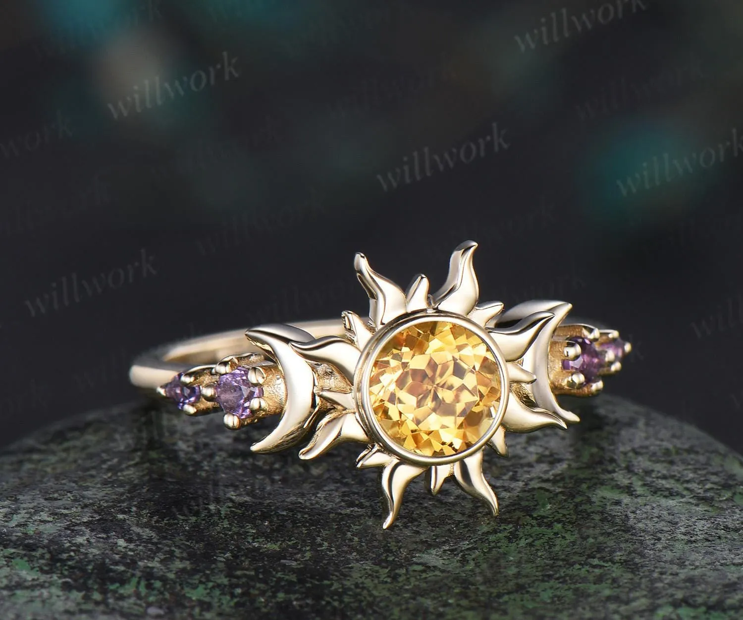 Vintage round cut citrine sun bezel engagement ring solid 14k yellow gold five stone amethyst moon unique bridal ring women sold by Willwork Jewelry product image thumbnail 2