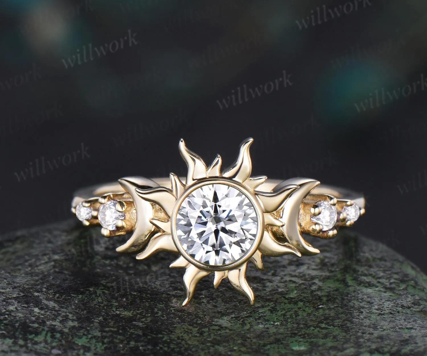 Round cut IGI lab grown diamond engagement ring sun moon promise ring her unique bezel five stone wedding ring women sold by Willwork Jewelry