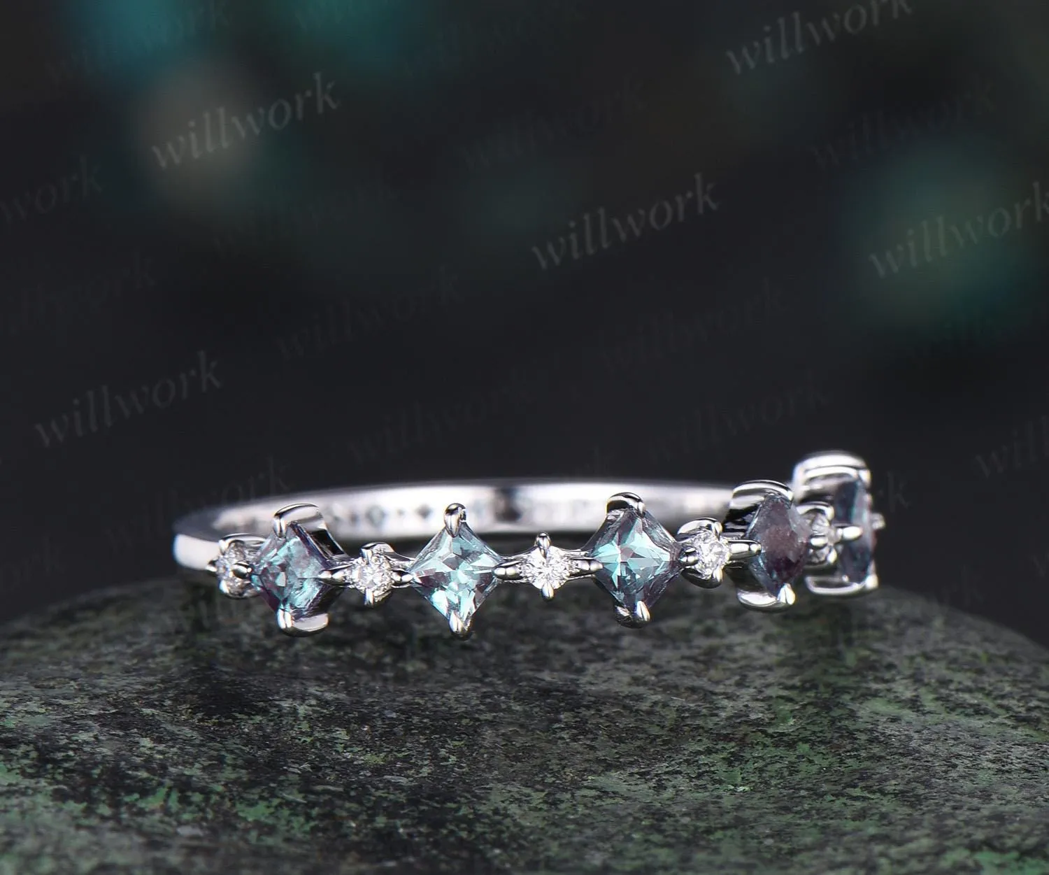 Princess cut alexandrite wedding band solid 14k white gold unique dainty diamond wedding ring band women anniversary ring gift sold by Willwork Jewelry product image thumbnail 4