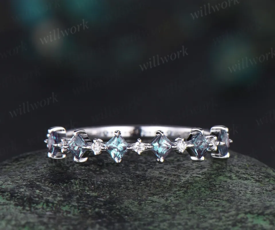 Princess cut alexandrite wedding band solid 14k white gold unique dainty diamond wedding ring band women anniversary ring gift sold by Willwork Jewelry