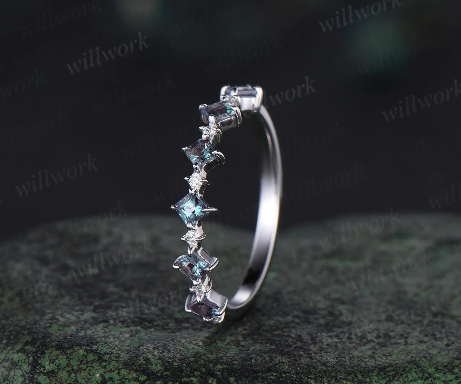 Princess cut alexandrite wedding band solid 14k white gold unique dainty diamond wedding ring band women anniversary ring gift sold by Willwork Jewelry product image thumbnail 5