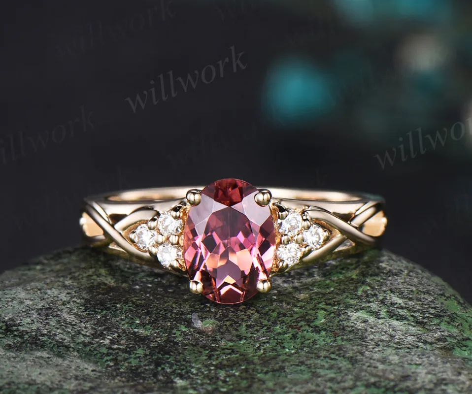 Oval cut Pink tourmaline engagement ring vintage infinity diamond promise ring women yellow gold sold by Willwork Jewelry