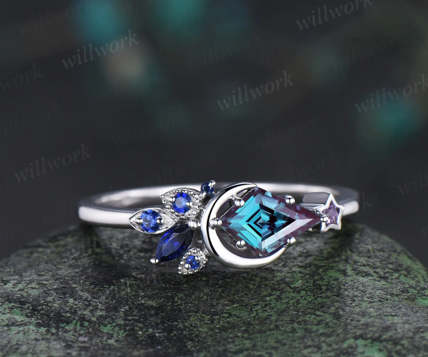 Kite Cut Color-Change Alexandrite Engagement Ring Moon Wedding Ring Cluster Blue Sapphire Amethyst Ring Unique Personalized Promise Rings sold by Willwork Jewelry product image thumbnail 2