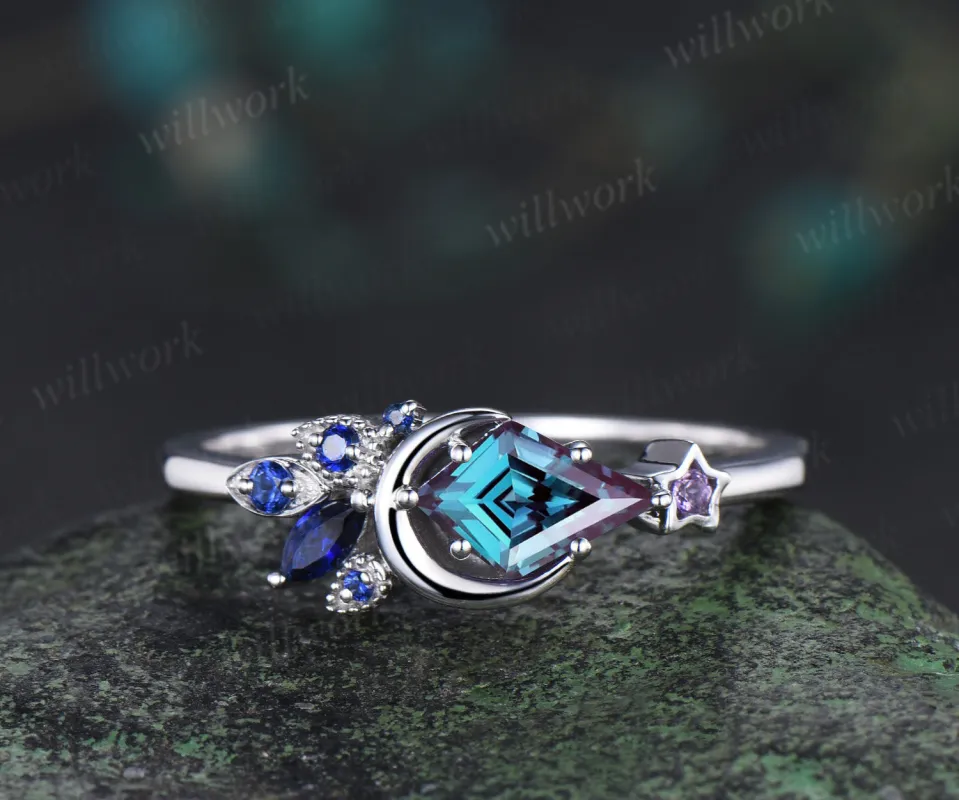 Kite Cut Color-Change Alexandrite Engagement Ring Moon Wedding Ring Cluster Blue Sapphire Amethyst Ring Unique Personalized Promise Rings made by Willwork Jewelry
