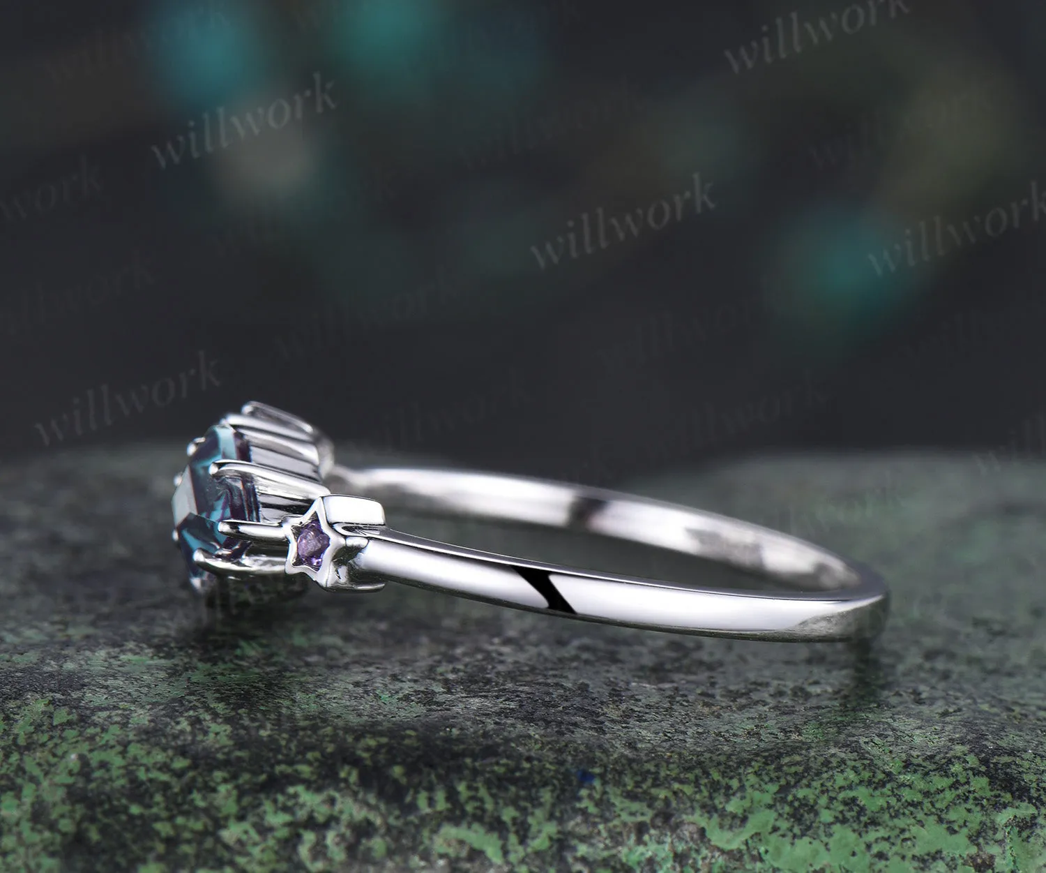 Kite Cut Color-Change Alexandrite Engagement Ring Moon Wedding Ring Cluster Blue Sapphire Amethyst Ring Unique Personalized Promise Rings sold by Willwork Jewelry product image thumbnail 5