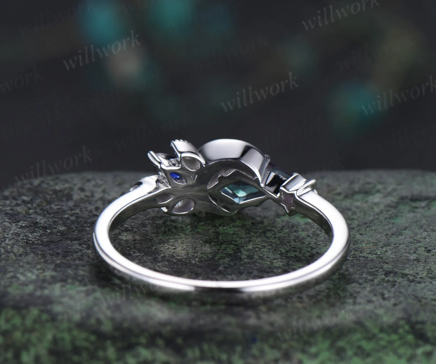 Kite Cut Color-Change Alexandrite Engagement Ring Moon Wedding Ring Cluster Blue Sapphire Amethyst Ring Unique Personalized Promise Rings sold by Willwork Jewelry product image thumbnail 4