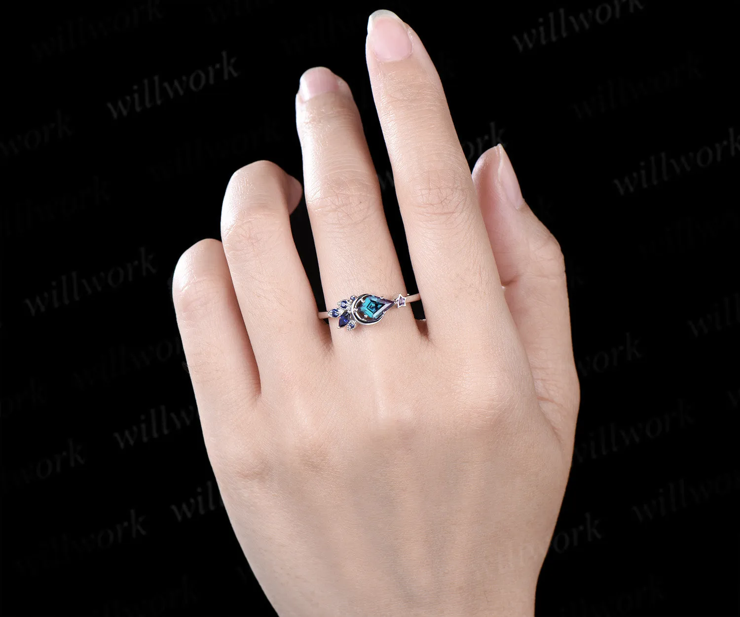 Kite Cut Color-Change Alexandrite Engagement Ring Moon Wedding Ring Cluster Blue Sapphire Amethyst Ring Unique Personalized Promise Rings sold by Willwork Jewelry product image thumbnail 3