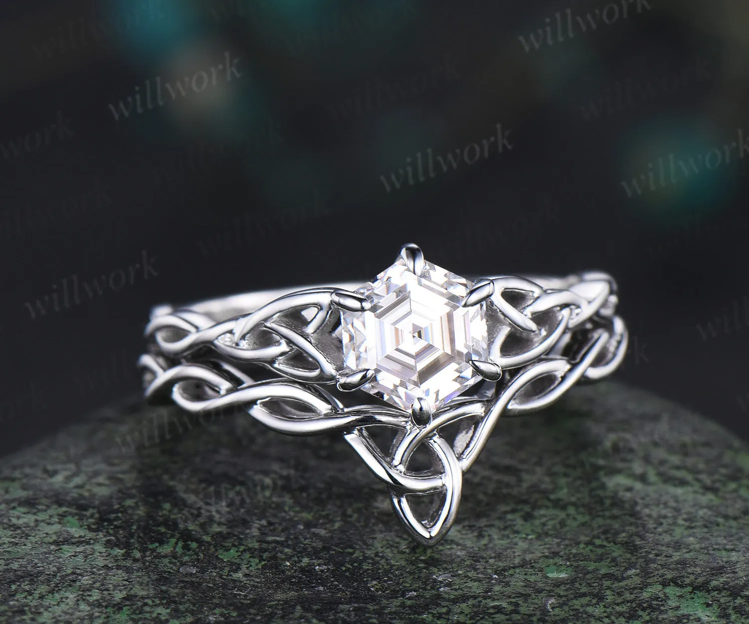 Hexagon cut moissanite ring vintage infinity Celtic knot engagement ring set solid 14k white gold promise ring women sold by Willwork Jewelry product image thumbnail 5
