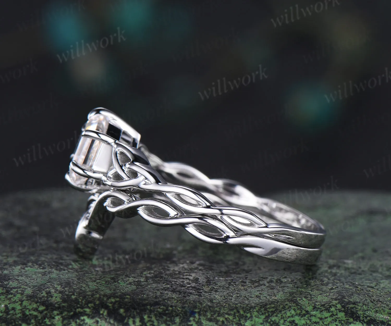 Hexagon cut moissanite ring vintage infinity Celtic knot engagement ring set solid 14k white gold promise ring women sold by Willwork Jewelry product image thumbnail 2
