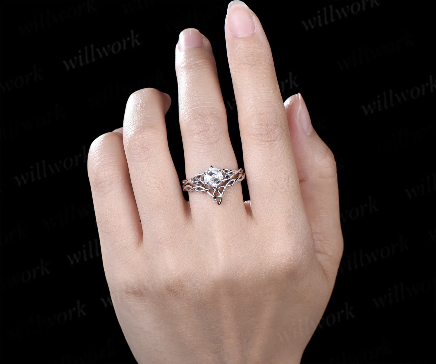 Hexagon cut moissanite ring vintage infinity Celtic knot engagement ring set solid 14k white gold promise ring women sold by Willwork Jewelry product image thumbnail 4