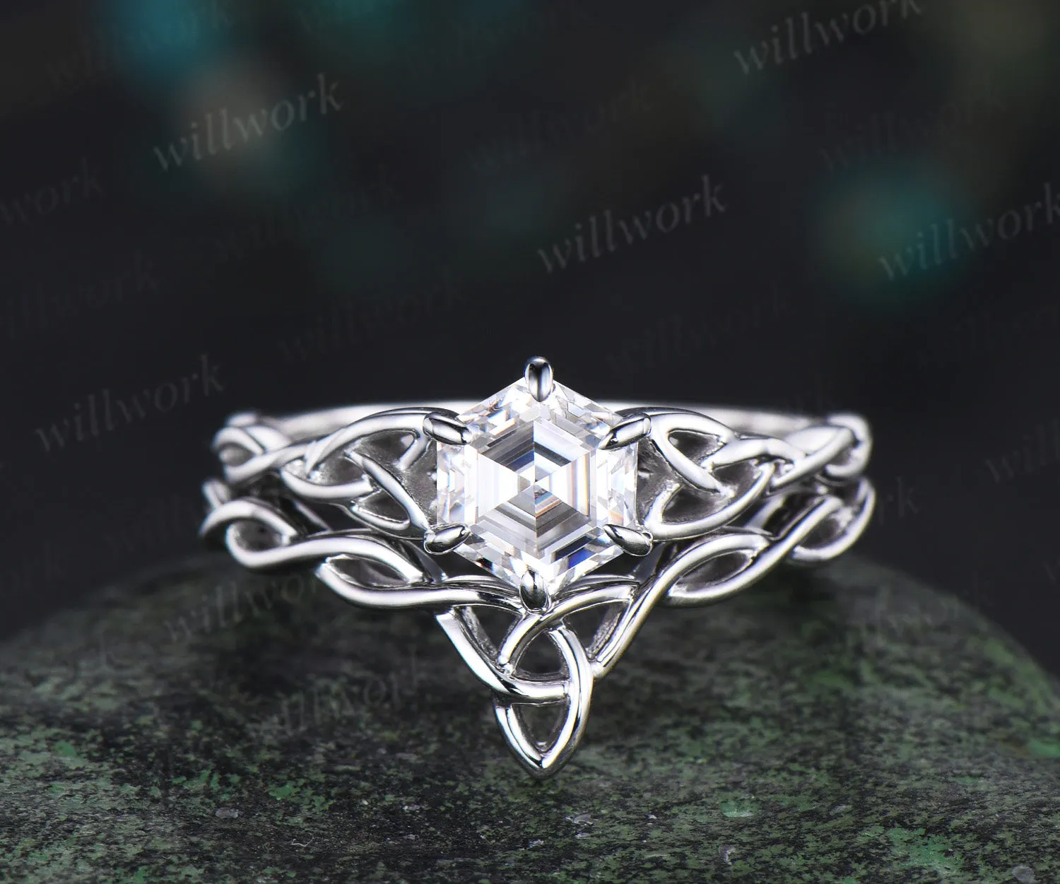 Hexagon cut moissanite ring vintage infinity Celtic knot engagement ring set solid 14k white gold promise ring women sold by Willwork Jewelry