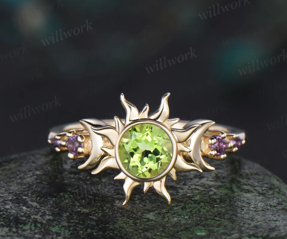 Round cut peridot sun bezel engagement ring solid 14k yellow gold five stone moon amethyst anniversary ring women crystal ring gift made by Willwork Jewelry