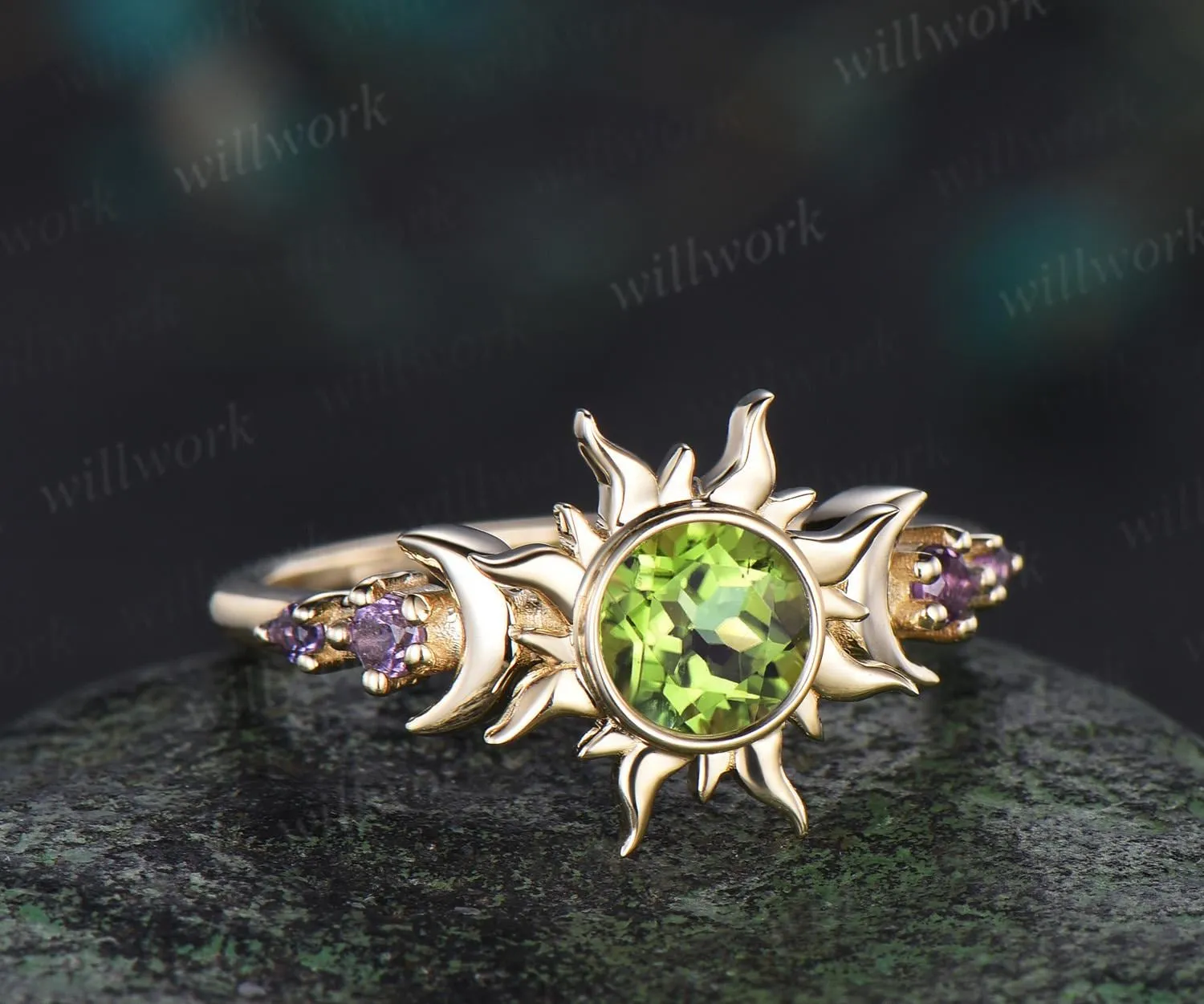 Round cut peridot sun bezel engagement ring solid 14k yellow gold five stone moon amethyst anniversary ring women crystal ring gift sold by Willwork Jewelry product image thumbnail 2