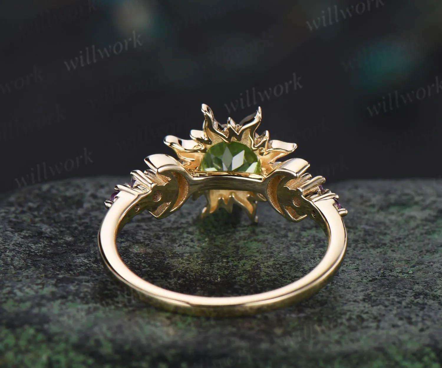 Round cut peridot sun bezel engagement ring solid 14k yellow gold five stone moon amethyst anniversary ring women crystal ring gift sold by Willwork Jewelry product image thumbnail 5