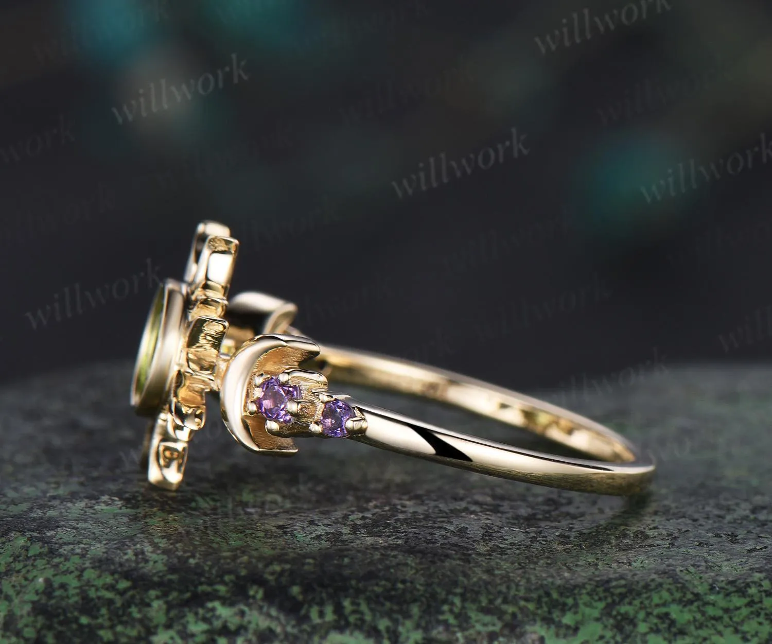 Round cut peridot sun bezel engagement ring solid 14k yellow gold five stone moon amethyst anniversary ring women crystal ring gift sold by Willwork Jewelry product image thumbnail 4
