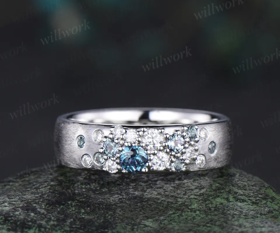 Alexandrite moissanite cluster men's wedding band unique brushed solid 14k white gold 6mm engagement ring for men anniversary gifts sold by Willwork Jewelry