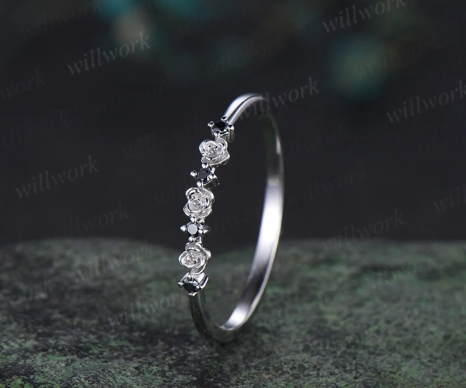 Dainty natural black diamond wedding band solid 14k white gold flower floral unique wedding ring band women anniversary gift sold by Willwork Jewelry product image thumbnail 3