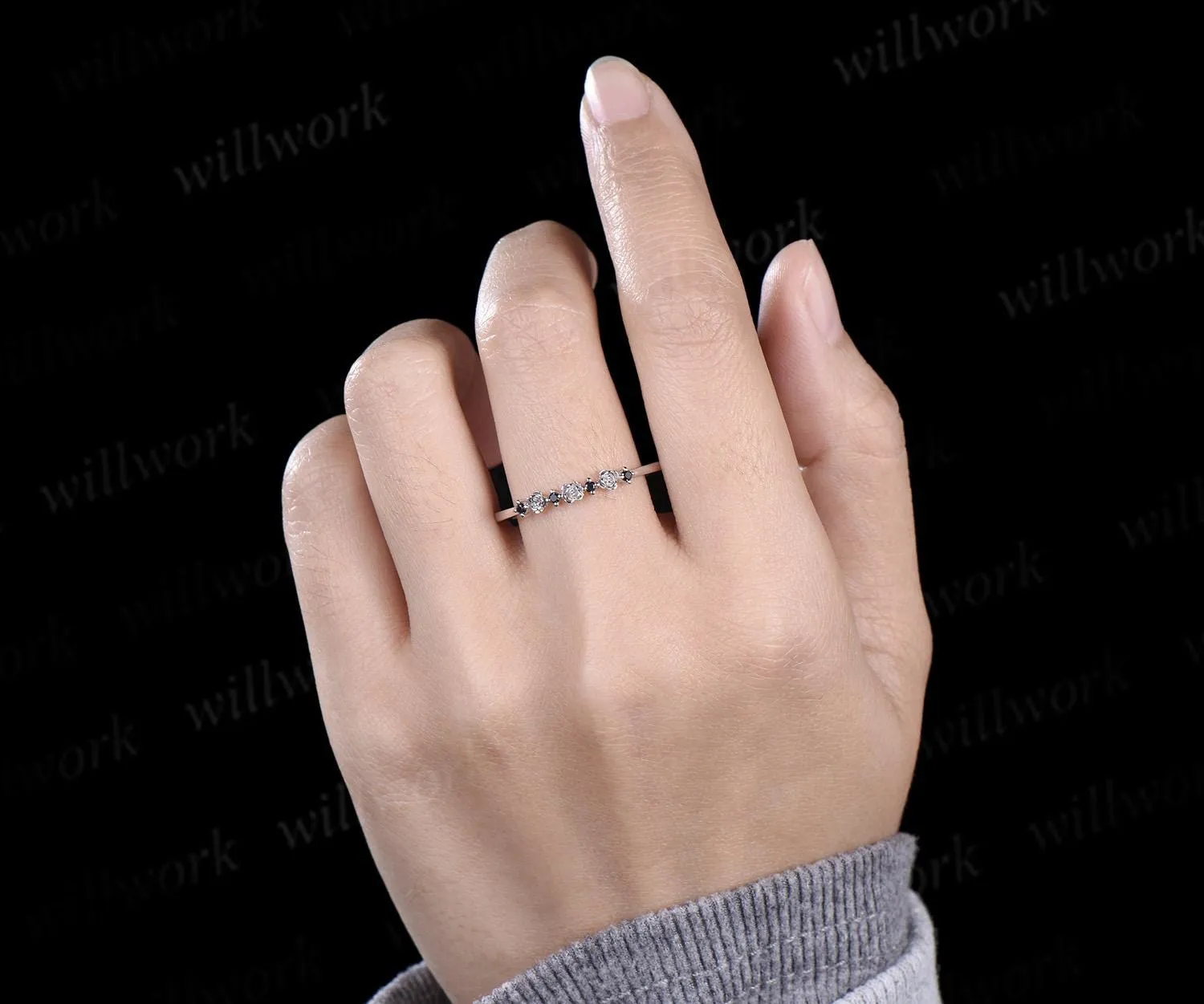 Dainty natural black diamond wedding band solid 14k white gold flower floral unique wedding ring band women anniversary gift sold by Willwork Jewelry product image thumbnail 4