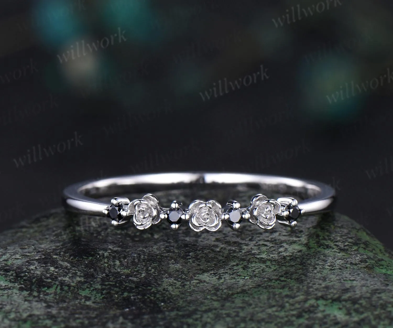 Dainty natural black diamond wedding band solid 14k white gold flower floral unique wedding ring band women anniversary gift sold by Willwork Jewelry
