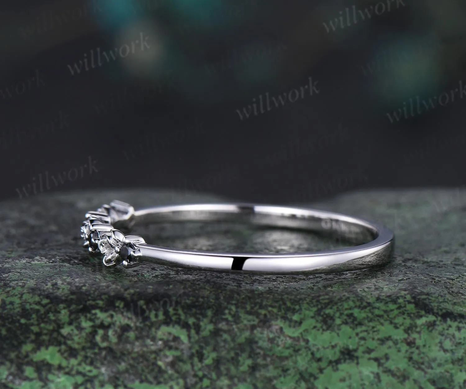 Dainty natural black diamond wedding band solid 14k white gold flower floral unique wedding ring band women anniversary gift sold by Willwork Jewelry product image thumbnail 5
