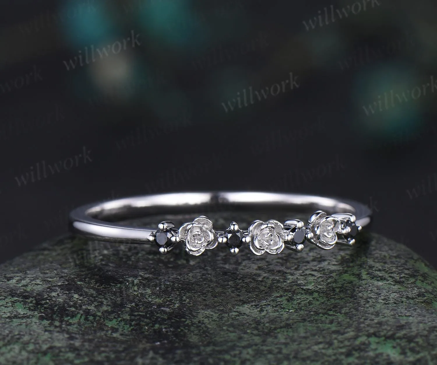 Dainty natural black diamond wedding band solid 14k white gold flower floral unique wedding ring band women anniversary gift sold by Willwork Jewelry product image thumbnail 2