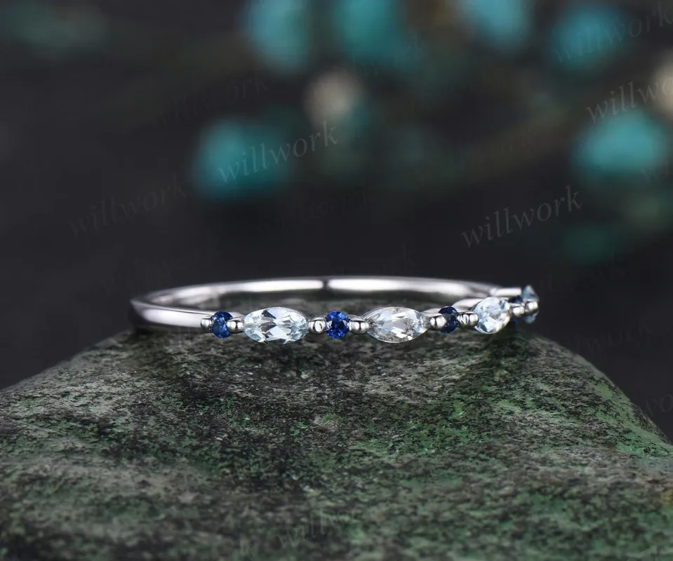 Marquise cut aquamarine wedding band art deco natural sapphire diamond wedding ring band 14k white gold anniversary bridal ring women made by Willwork Jewelry