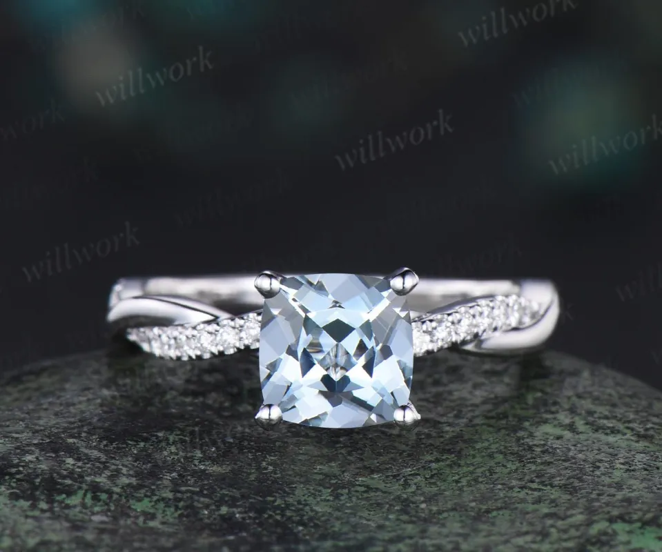 Cushion cut natural aquamarine engagement ring 14k white gold 3/4 eternity rope wrapping twisted diamond wedding promise ring women made by Willwork Jewelry