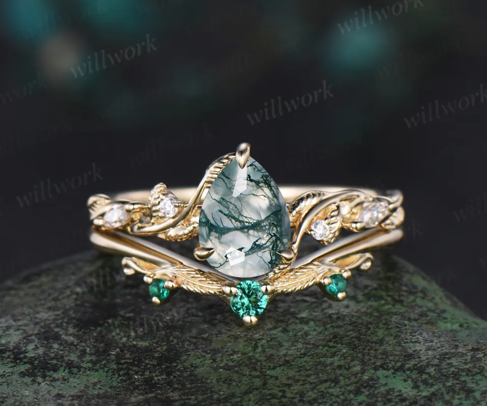 Pear cut moss agate ring twig vine leaf unique moissanites engagement ring yellow gold nature inspired emerald band bridal set sold by Willwork Jewelry