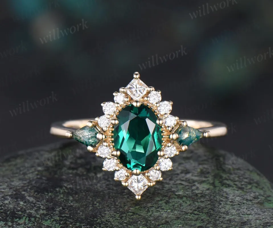 Oval cut emerald ring vintage halo princess engagement ring kite moss agate solid 14k yellow gold unique wedding ring women jewelry made by Willwork Jewelry