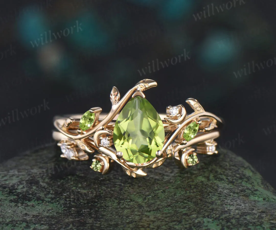 Vintage pear shaped peridot engagement ring twisted leaf moon Crystal gemstone wedding anniversary ring set gift sold by Willwork Jewelry