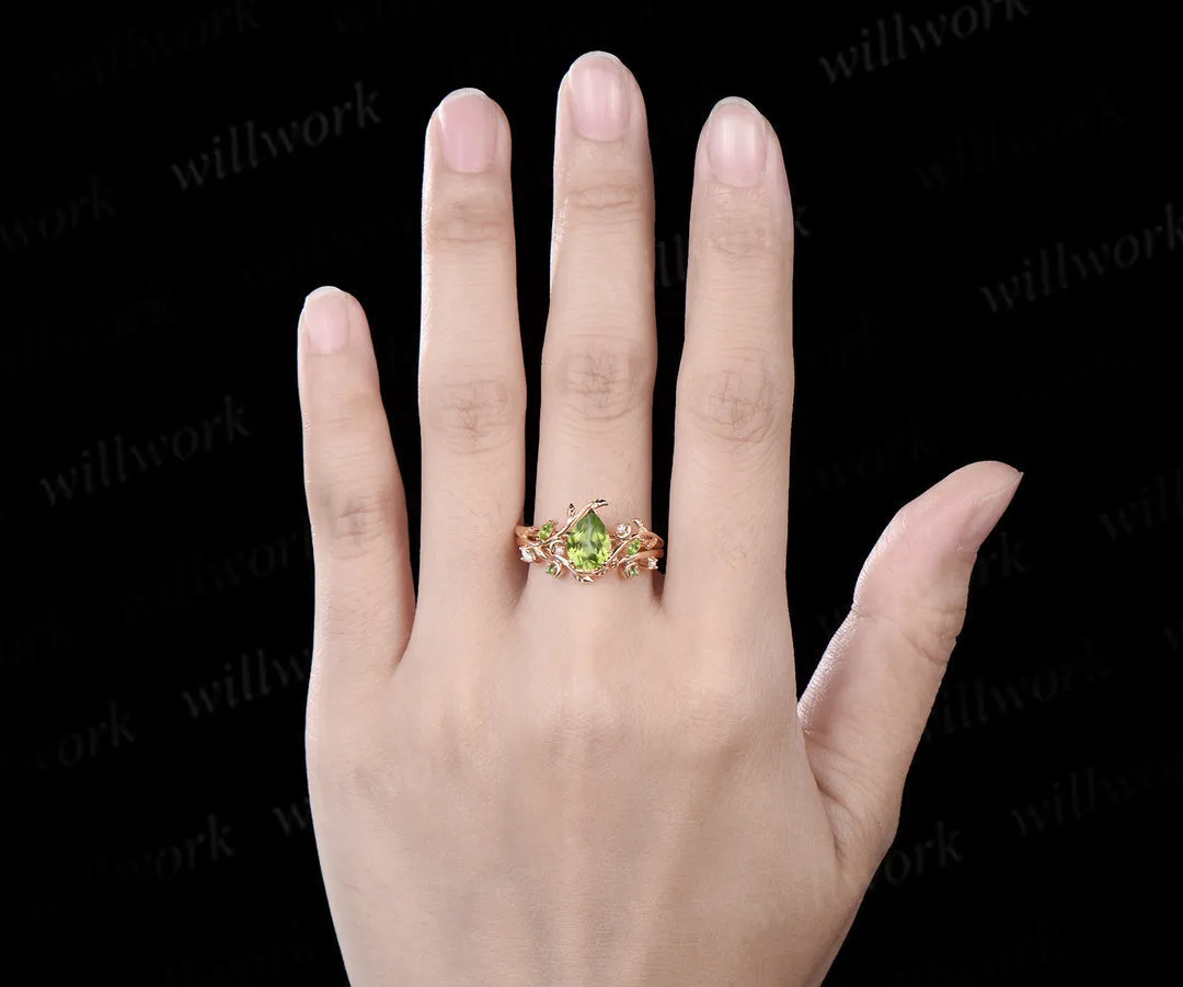 Vintage pear shaped peridot engagement ring twisted leaf moon Crystal gemstone wedding anniversary ring set gift sold by Willwork Jewelry product image thumbnail 2