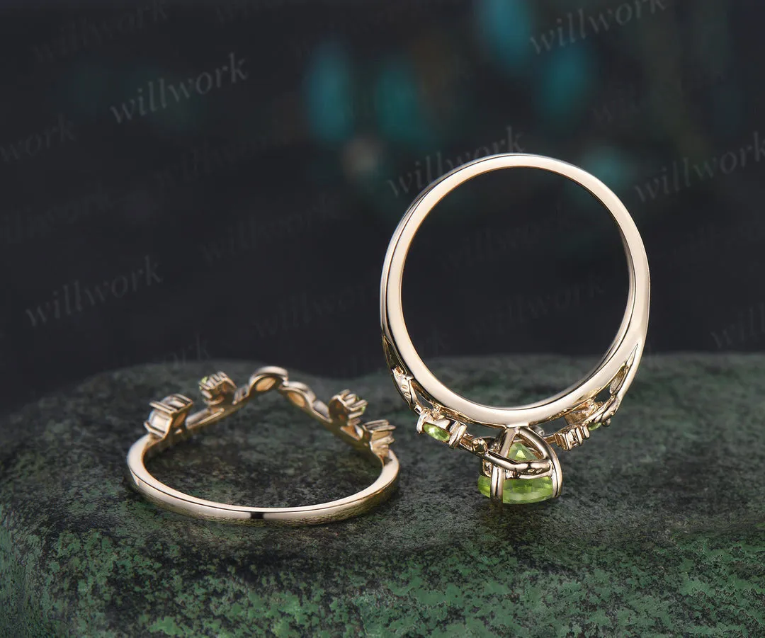 Vintage pear shaped peridot engagement ring twisted leaf moon Crystal gemstone wedding anniversary ring set gift sold by Willwork Jewelry product image thumbnail 5