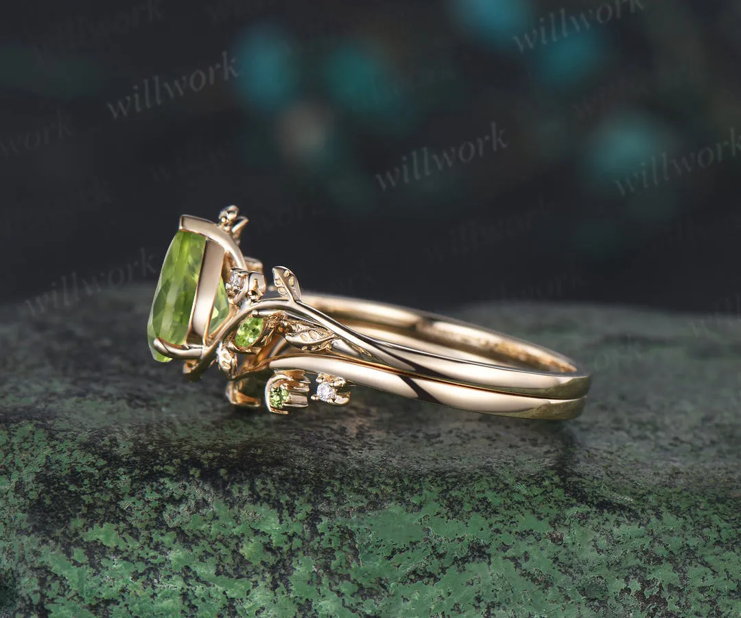 Vintage pear shaped peridot engagement ring twisted leaf moon Crystal gemstone wedding anniversary ring set gift sold by Willwork Jewelry product image thumbnail 4